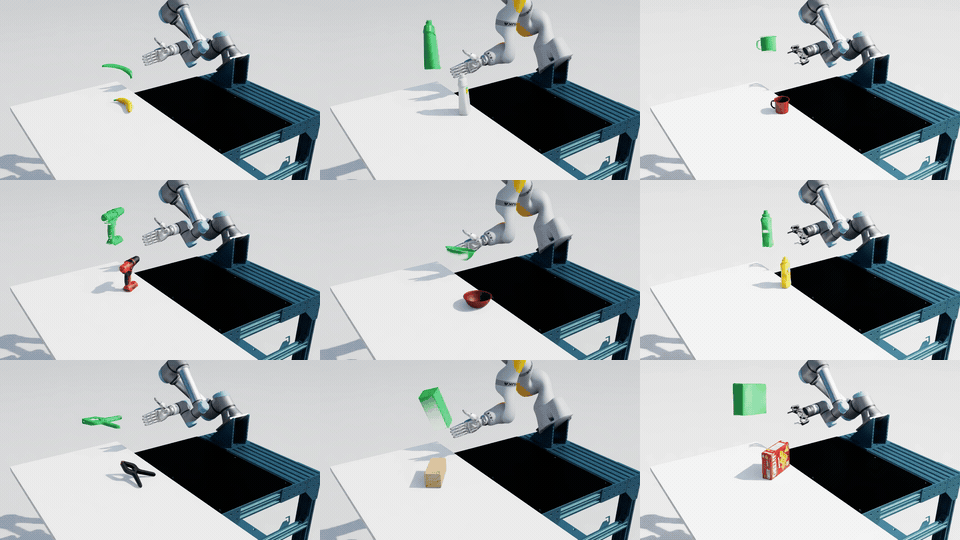 Nine simulated manipulation rollouts: UR7e + Sharpa in the left column, KUKA + Sharpa in the middle, and UR7e + Robotiq on the right. Each freezes at its success pose; the complete grid holds for 2.5 seconds before repeating.